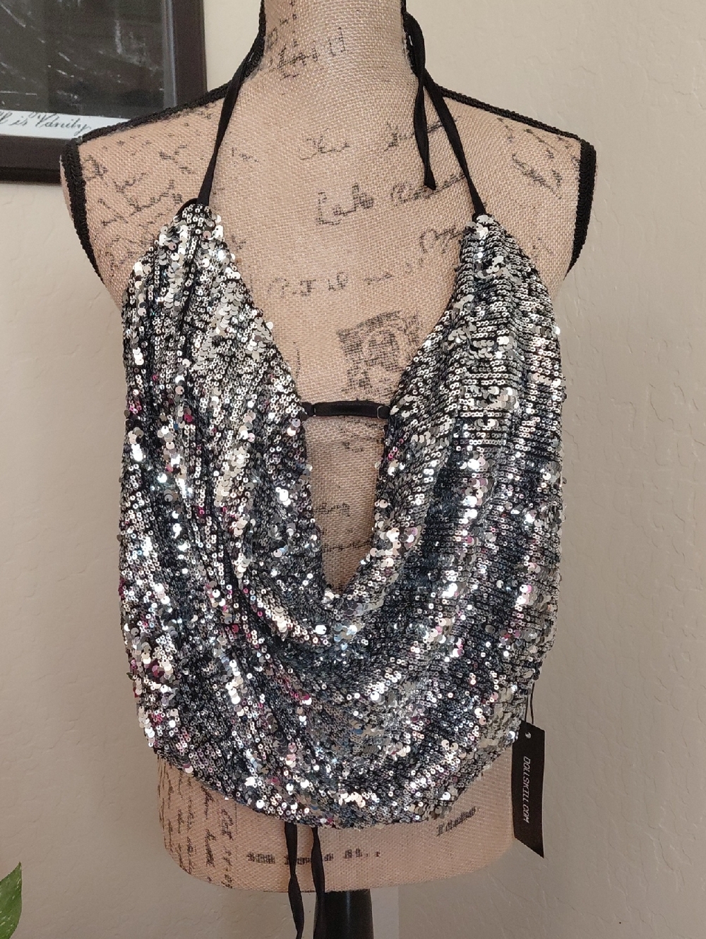 Sequin Halter Cowl Neck Crop Top - Silver Xxl